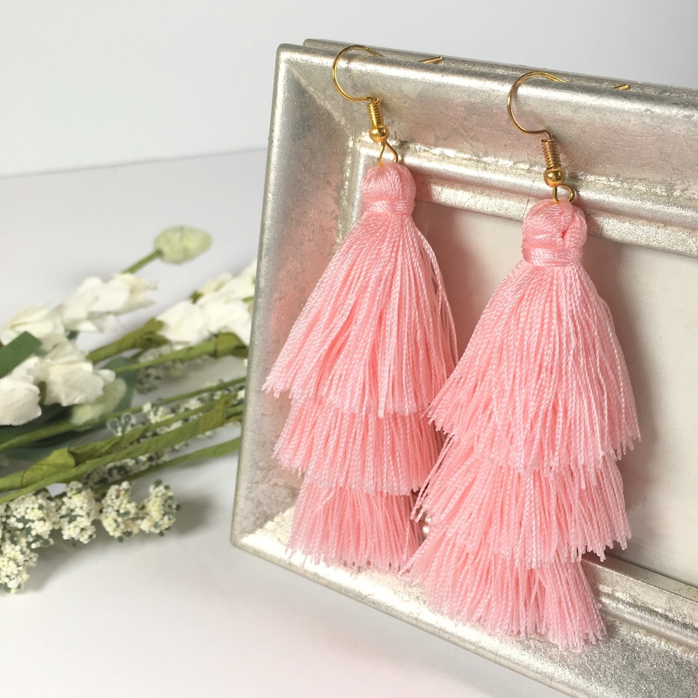 Tiered Tassel Drop Pink Dangle Earrings